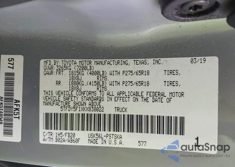 2019 Toyota Tundra Sr5 5.7L V8 z USA, uszkodzony, nr VIN 5TFDY5F1XKX838022